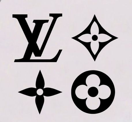 four different logos are shown in black and white, including the lv letter logo