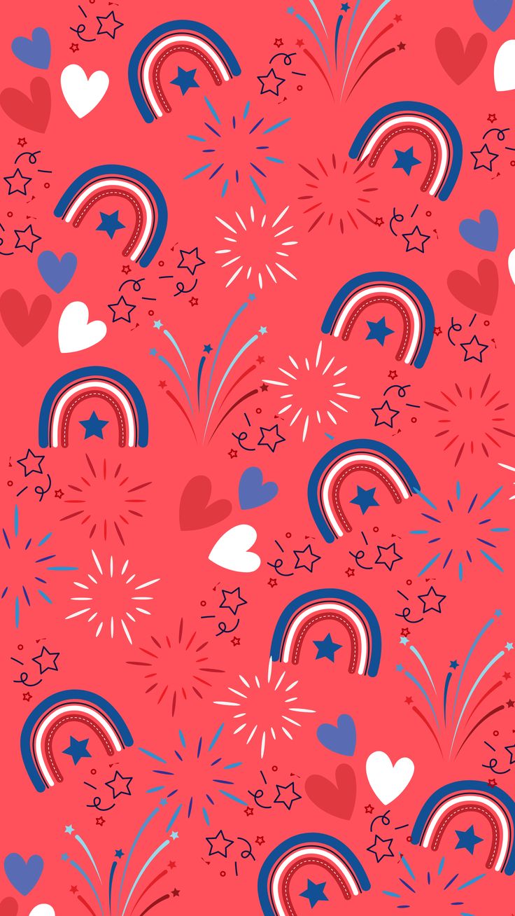 a pink background with hearts, stars and fireworks