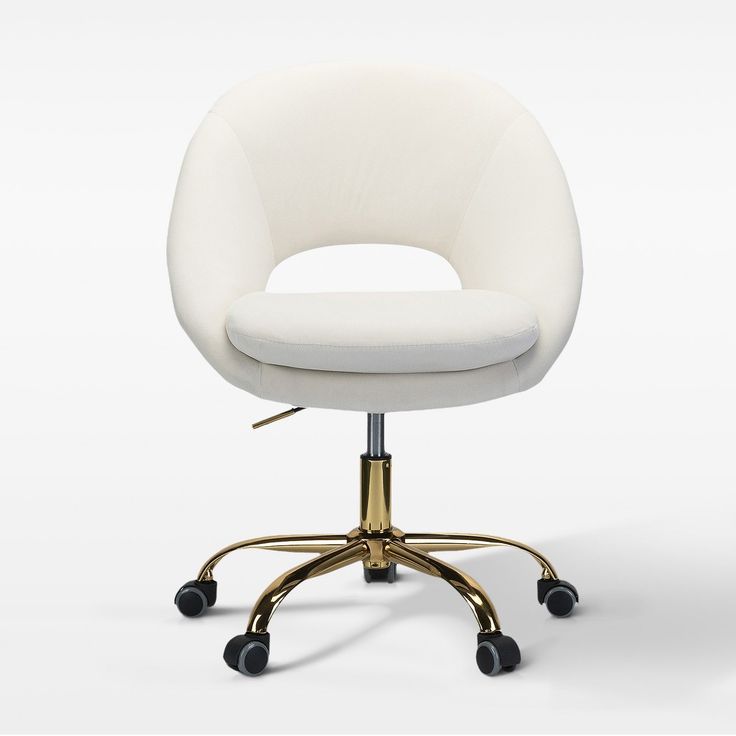 an office chair with wheels and a white upholstered seat, viewed from the front