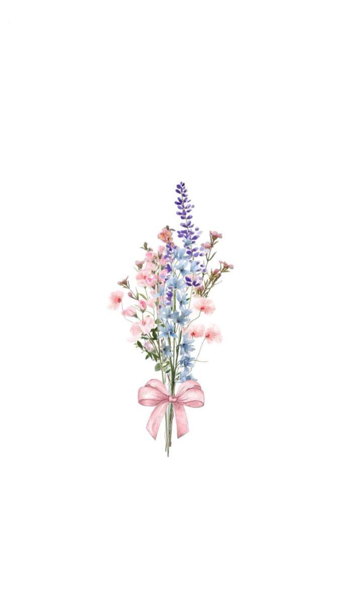 a bouquet of flowers with a pink ribbon tied around it on a white background in watercolor