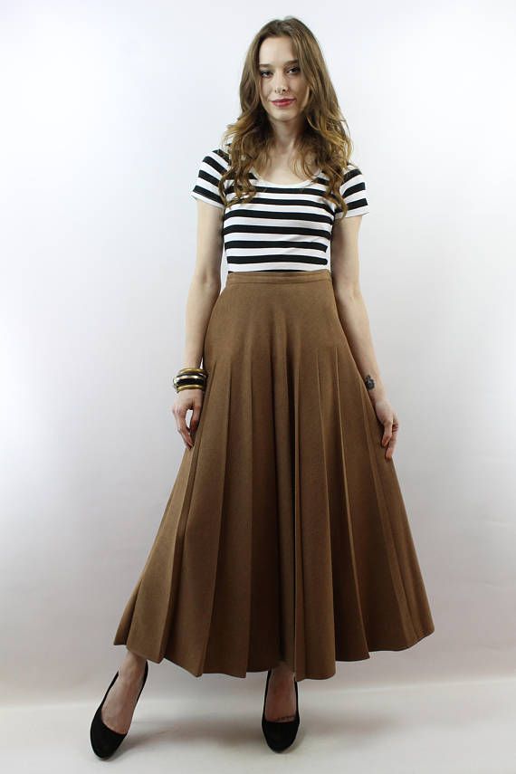 Vintage 90s High Waisted Pleated Mocha Maxi Skirt, fits size S Brown Pleated Midi Skirt Outfit, High Waist Brown Pleated Mini Skirt, Brown High Waist Pleated Mini Skirt, Brown High-waist Pleated Mini Skirt, High Waist Brown Maxi Skirt For Fall, High Waist Flowy Brown Skirt, Fitted Brown Pleated Mini Skirt, Fitted Brown Skirted Bottoms, Brown Long Skirt With Lining