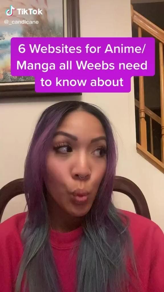 a woman with purple hair is looking at the camera and has an instagram message on her face