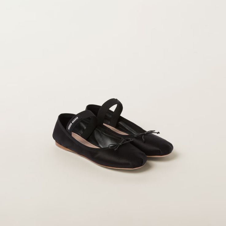 Black Satin Ballerinas | Miu Miu Miu Miu Ballet, Miu Miu Flats, Pink Ballet Flats, Miu Miu Handbags, Formal Evening Wear, Knit Logo, Miu Miu Shoes, Cocoa Brown, Stretch Band