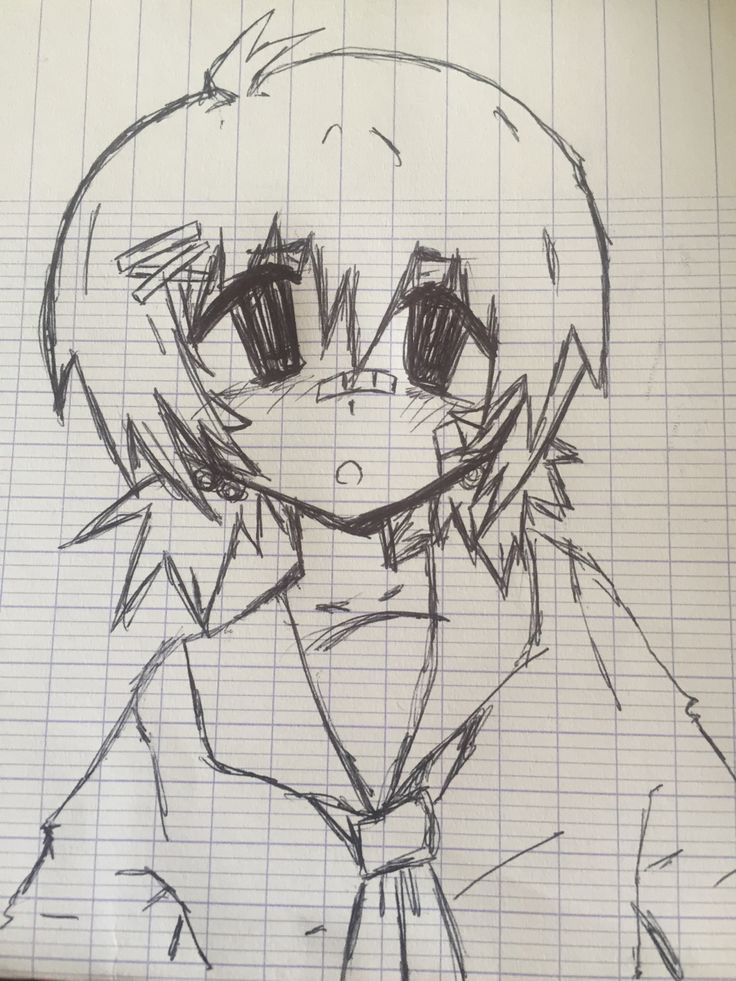 a drawing of an anime character sitting on top of a piece of lined notebook paper