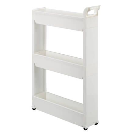 a white shelf with two shelves on each side and wheels for storing items in the same room