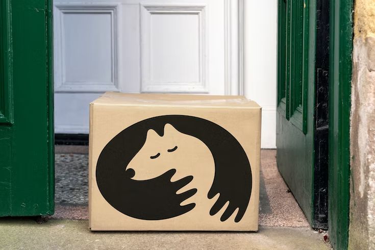 a cardboard box sitting on the ground in front of a door with a dog's head painted on it