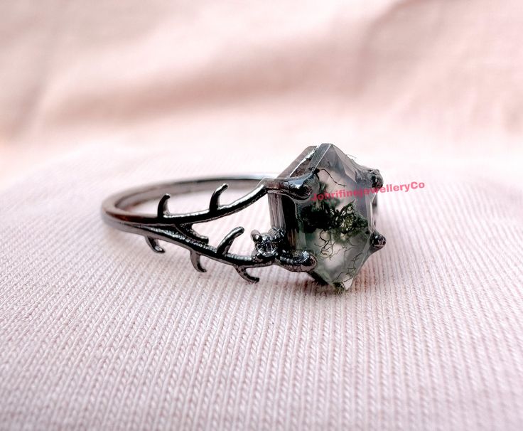 "Natural Moss Agate Ring Vintage Hexagon Engagement Ring Inspired Leaf Solitaire Ring Green Healing Gemstone Ring Unique Promise Ring Women ❥ Stone - Natural Moss Agate  ❥ Stone Size - 6x10mm ❥ Cut Type - Long Hexagon  ❥ Accent Stones - Simulated Diamond Cz  ❥ Ring Size: I offer more than one (Contact us if your ring size is not available in the listing) ❥ Color: Silver, Gold, Rose Gold, White Gold or Black Rhodium ❥ Material : 925 Sterling Silver, 14K/18K/22K Solid Gold ---> ❥ Makes a Wonderful Gift for your Girlfriend, Wife, Mother and Friend or Simply an Excellent Addition to Your Jewelry Collection -->IF YOU WANT CUSTOM ENGRAVING ON YOUR RING VISIT OUR LISTING HERE: It's Only 2 USD https://www.etsy.com/listing/1436332485/custom-engaraving - -Here's a link to my HOMEPAGE: Johrifinejewel Gemstone Rings Unique, Agate Rings, Hexagon Engagement Ring, Ring Hexagon, Unique Promise Rings, Hexagonal Ring, Unique Engagement Ring Settings, Vintage Engagement Rings Unique, Agate Engagement Ring