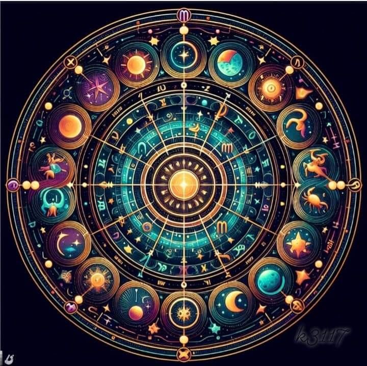 an astro wheel with all the planets and stars in it, as well as zodiac numbers