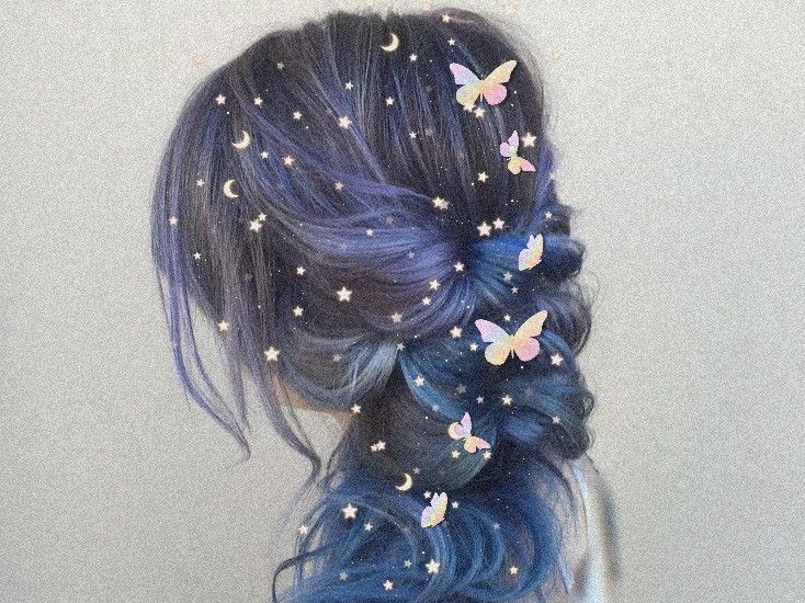 Spacecore Hairstyle, Cute Fantasy Hairstyles, Pretty Fancy Hairstyles, Galaxy Theme Hairstyle, Water Inspired Hairstyles, Galaxy Hair Accessories, Space Themed Hairstyles, Mythical Hairstyles, Celestial Hairstyles