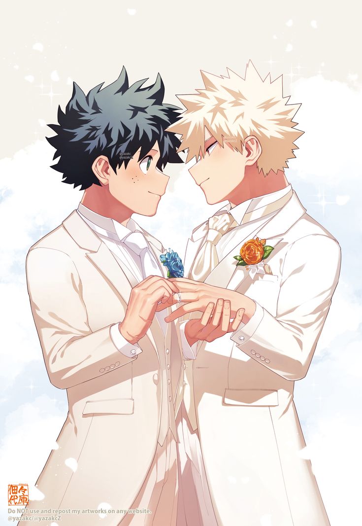 two anime characters are touching each other's hands with flowers in their lapels