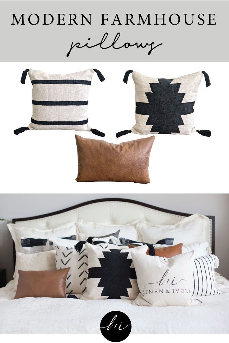 the modern farmhouse pillow pattern is shown in black and white, with text overlaying it