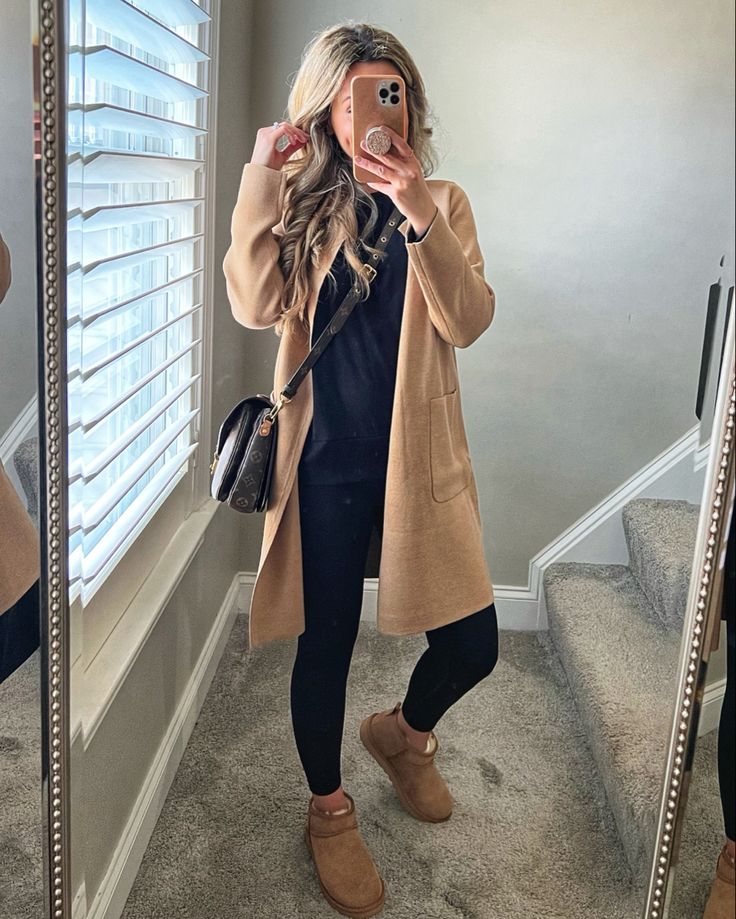 Leggings And Dress Outfit Winter, Boho Outfits Neutral, Uggs Lounge Outfit, Ultra Mini Uggs Outfit Work, Ugg Tie Boots Outfit, Ugh Outfits 2023, Saturday Outfit Ideas Winter, Leggings Uggs Outfit Winter, Mom Outfit Inspo Fall