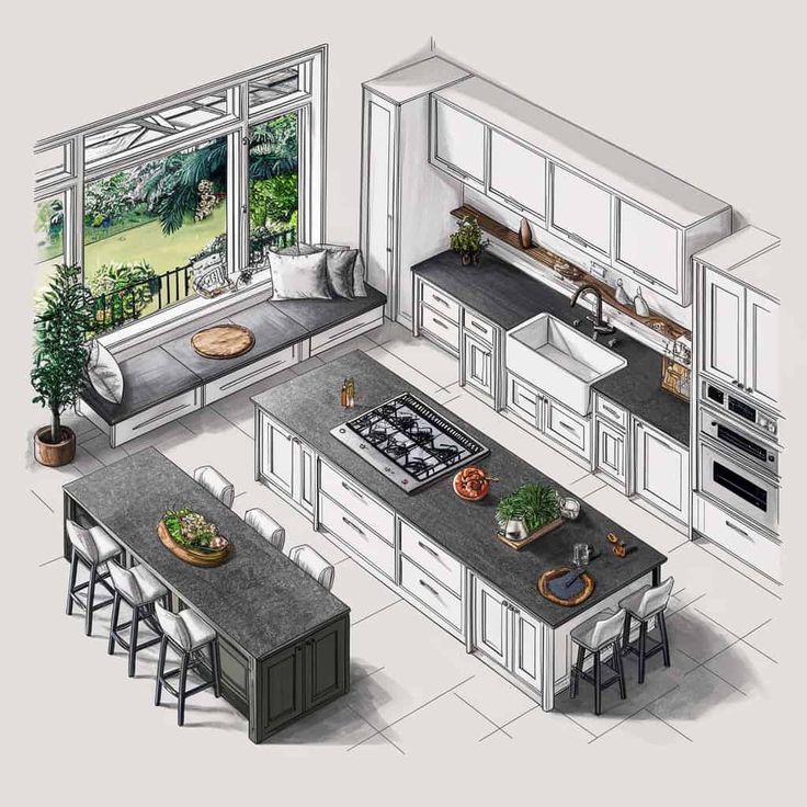 an artist's rendering of a kitchen and dining area