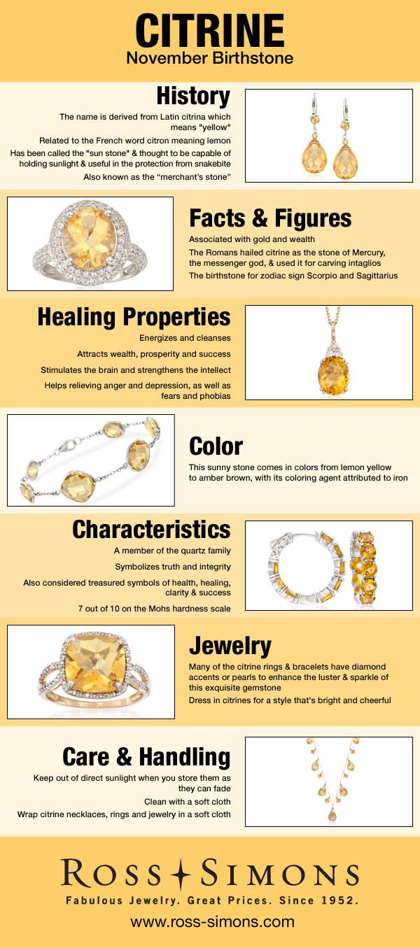 Happy Birthday November Babies! Learn more about your Citrine birthstone in this infographic. #jewelry #RossSimons November Gemstone, November Jewelry, November Stone, Birth Stones, Citrine Birthstone, November Birthstone Ring, Citrine Jewelry, Citrine Stone, Citrine Crystal