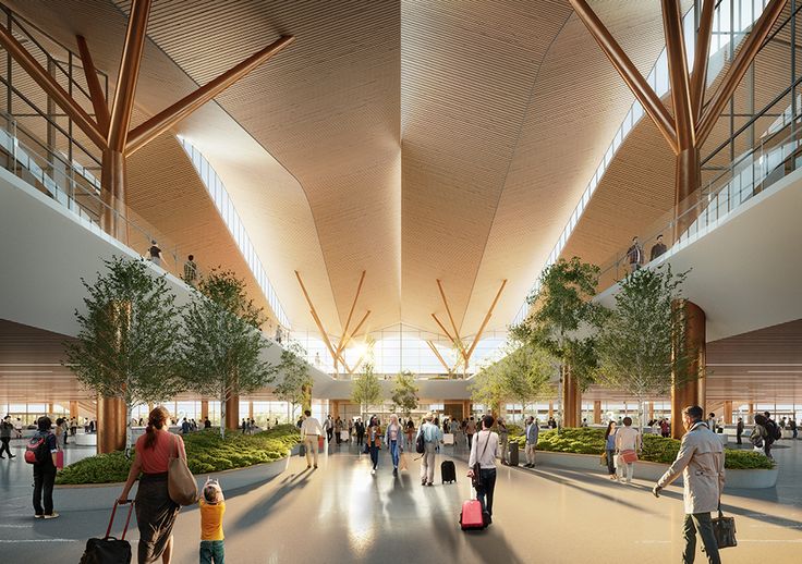 an artist's rendering of the inside of a terminal with people walking and carrying luggage