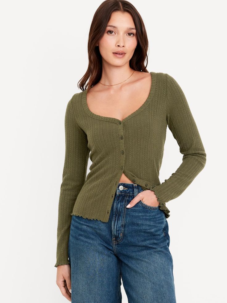 sweetheart neck long sleeves button front lettuce-edge trim slim fit hits below waist models are approx.  5'9" and wear sizes s (4), l (12), and xl (18)machine wash according to the care instruction label  . Best Holiday gift for Women , perfect Tops for Christmas! Pointelle Top, Green Shirts, Modest Fashion Winter, Christmas Jumper Dress, Jumpsuit Party, Asymmetrical Tops, Old Navy Women, Black Friday Shopping, Party Tops