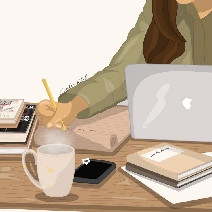 a woman writing on a piece of paper while sitting at a desk with an apple laptop