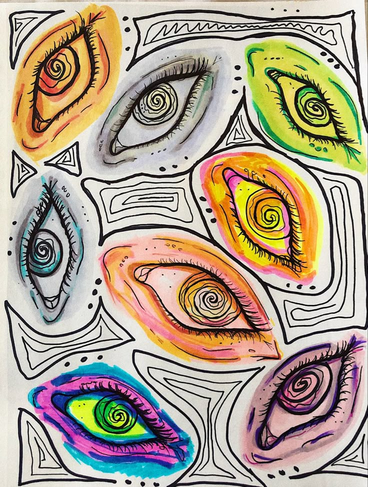 an art project with colored ink and watercolors on paper, depicting different types of eyes