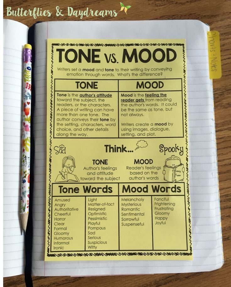 a notebook with some writing on it next to a pen and paper that says tone vs mood