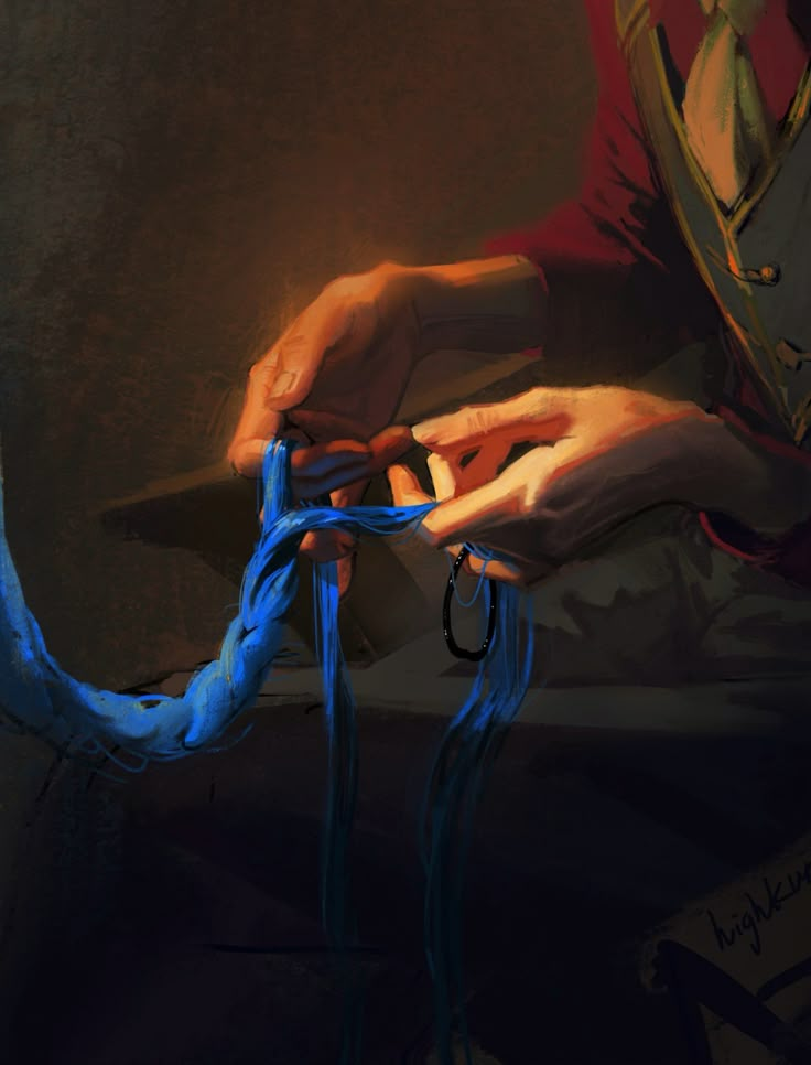 a painting of someone cutting something blue with scissors