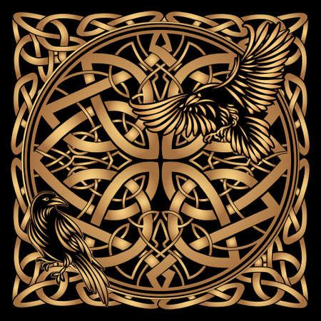 an intricate golden design with a bird on it's back and celtic knots in the middle