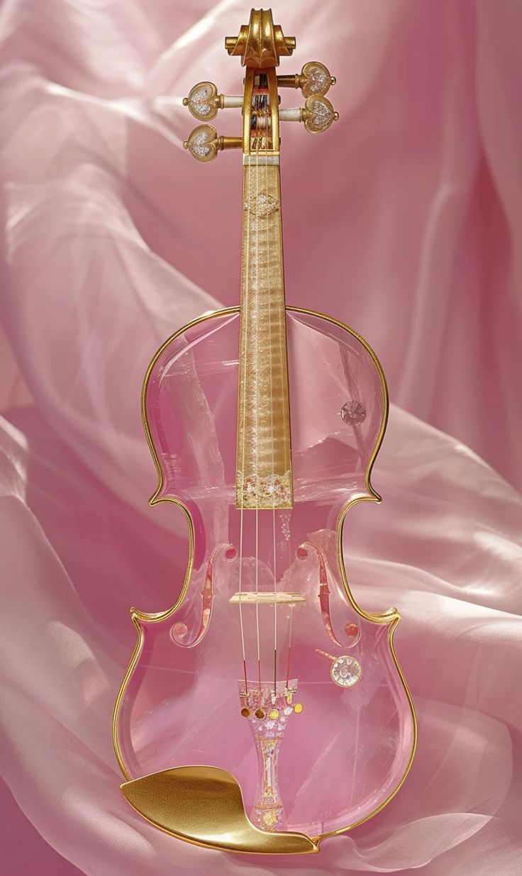 a pink violin with gold trim on it's back and neck, sitting in front of a light pink background