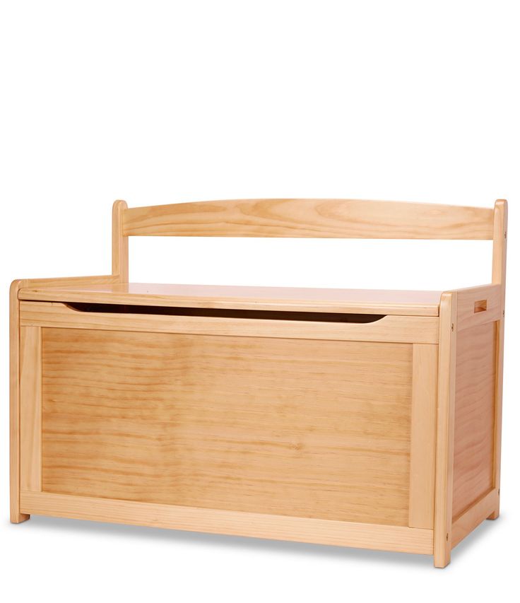 a wooden toy chest with an open lid