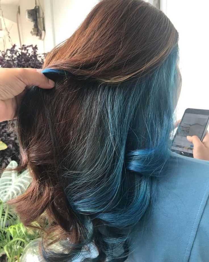 Peekaboo Hair With Brown Hair, Pee A Boo Hair Color, Blue Hair Highlights For Brown Hair, Colourful Ombre Hair, Blue Ombre Hair Color For Brunettes, Blue Peekaboo Hair Brown, Colour Underneath Hair, Under Hair Color Blue, Brunette Peekaboo Color