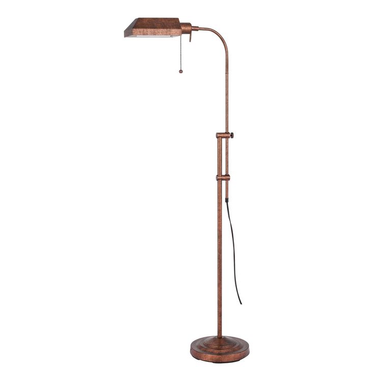 a floor lamp with a wooden base and a metal shade on the top of it