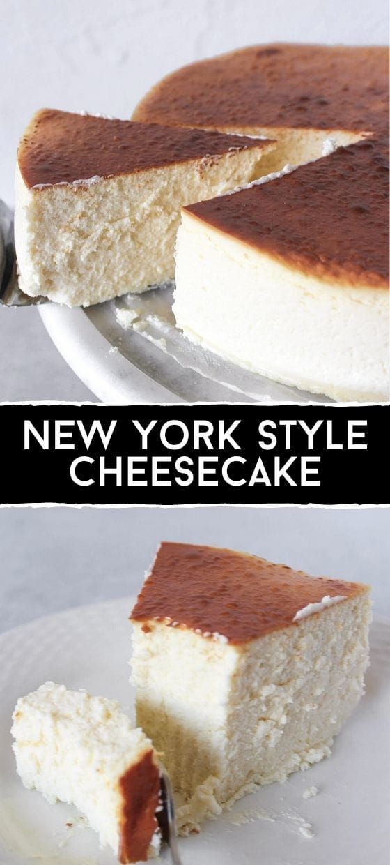 two pictures showing different types of cheesecakes with the words new york style cheesecake