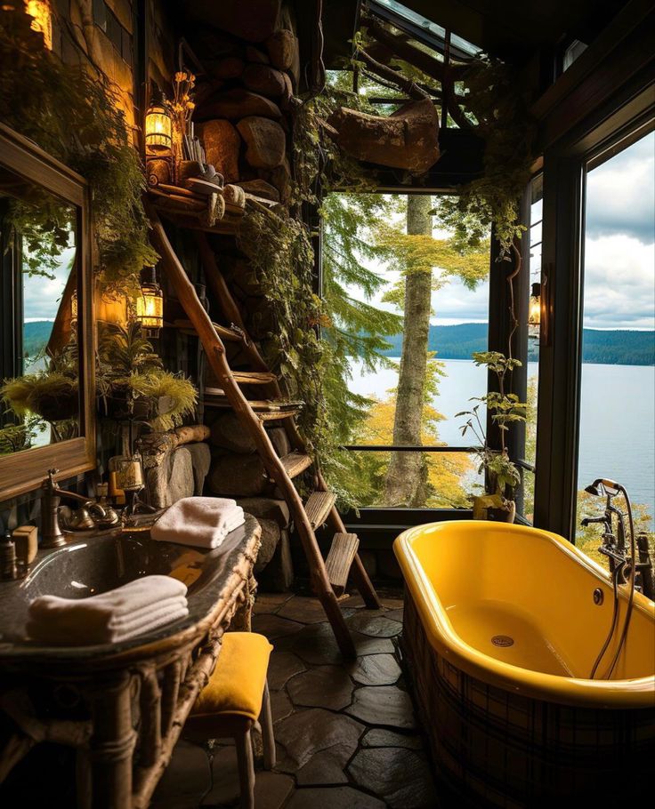 a bathroom with a yellow bathtub next to a large window and a wooden ladder