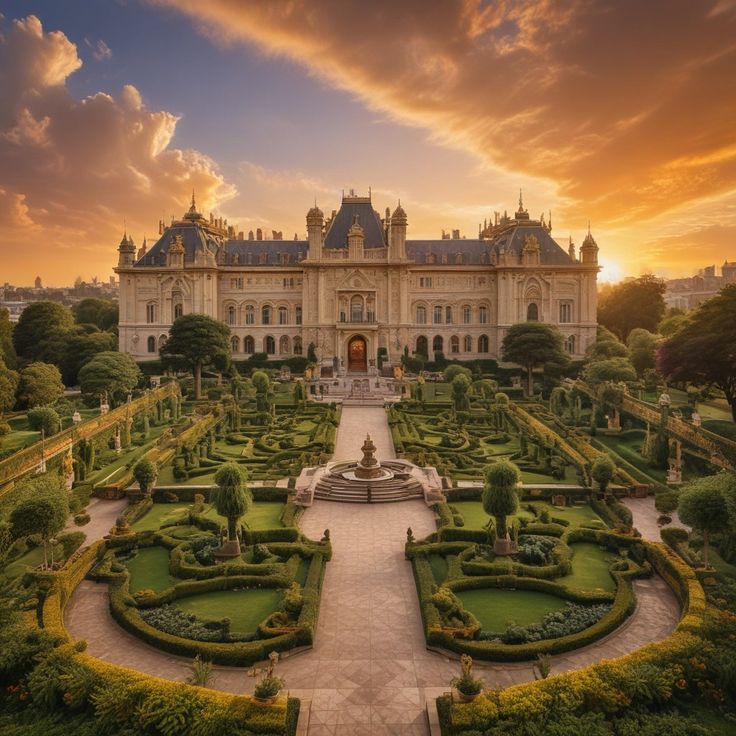 a large building with lots of hedges in front of it