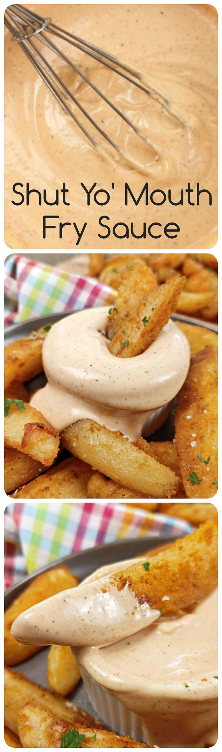 two pictures showing different types of fries with sauce