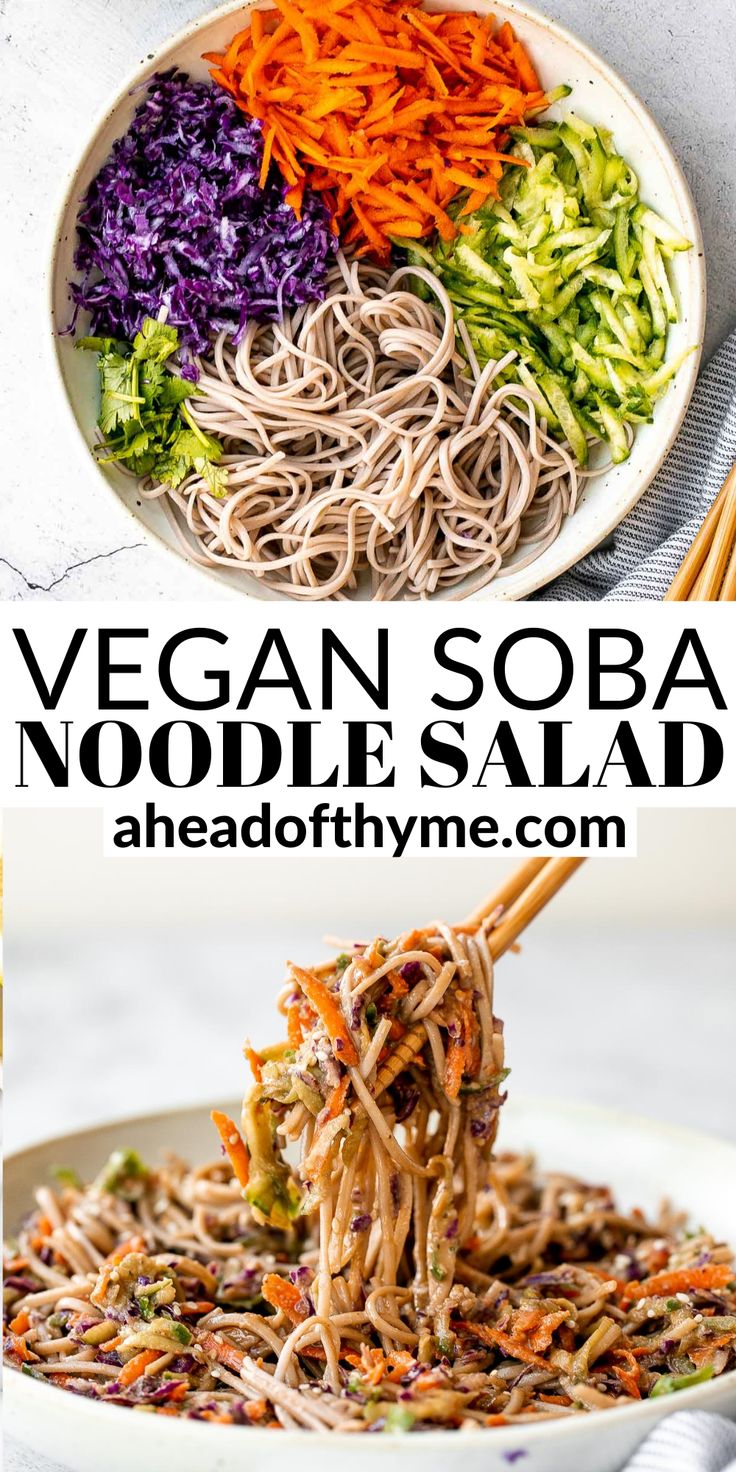 vegan noodle salad in a white bowl with chopsticks