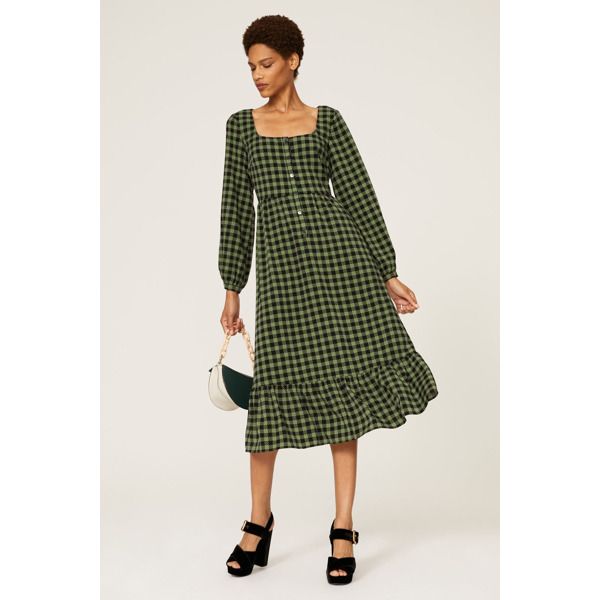 Green plaid crepe (97% Polyester, 3% Spandex). Hourglass. Square neck. Long sleeves. Back zipper closure. 49" from shoulder to hemline. Imported. Rent The Runway, Green Midi Dress, Closet Designs, Gingham Check, Green Plaid, Dress First, Black Print, Square Neck, Gingham