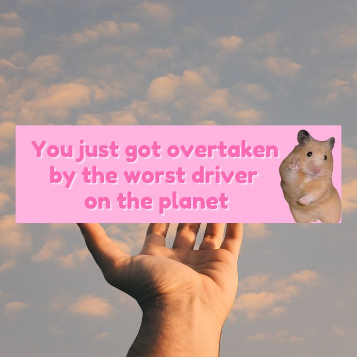 a hand holding up a pink sign that says you just got overtaken by the worst driver on the planet