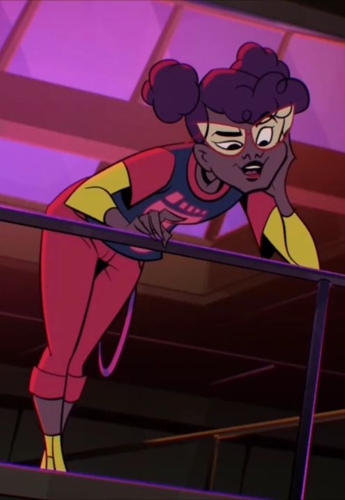 a cartoon character is standing on a railing with her hands behind her head and looking at the camera