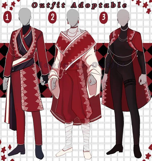 three men in red and black outfits standing next to each other with the words, outfit adoptable