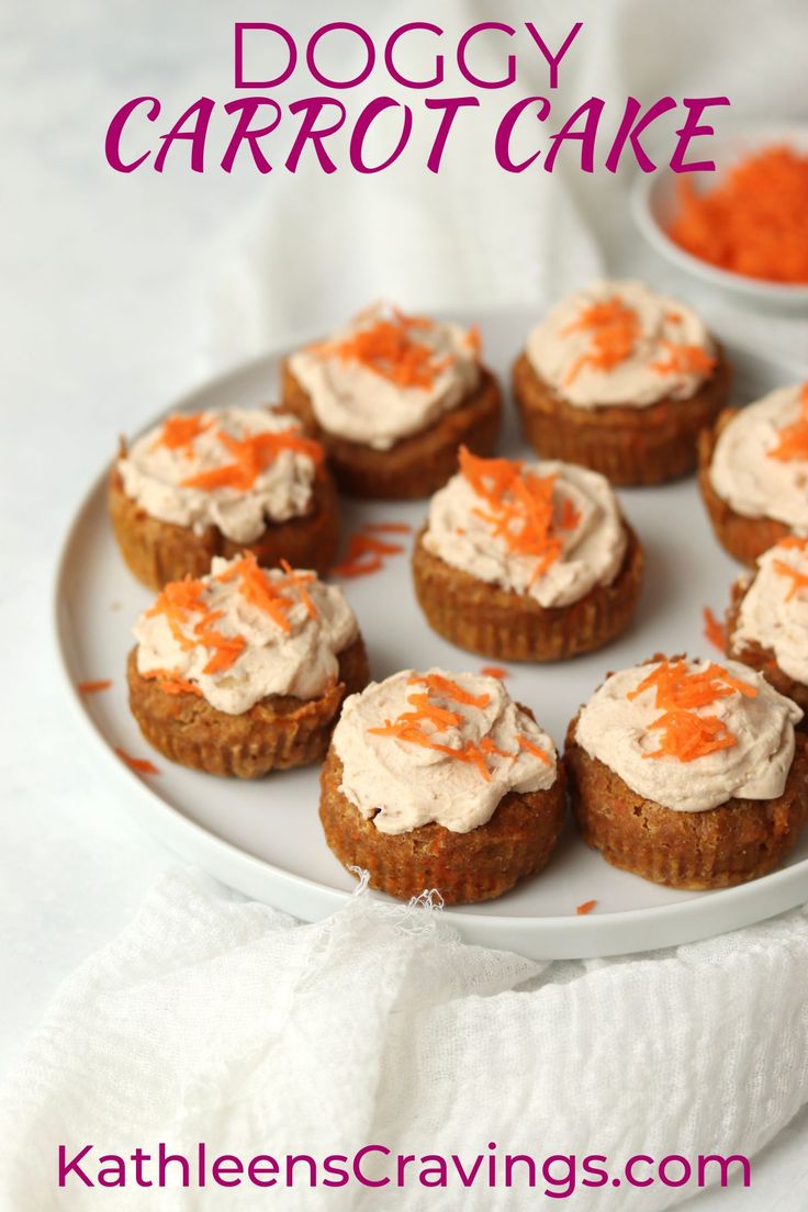 small carrot cupcakes with cream cheese frosting on a white plate