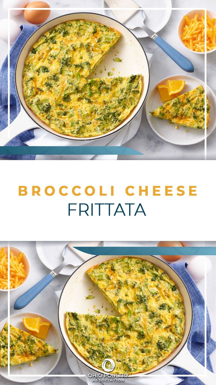 broccoli cheese frittata in a skillet with two slices cut out