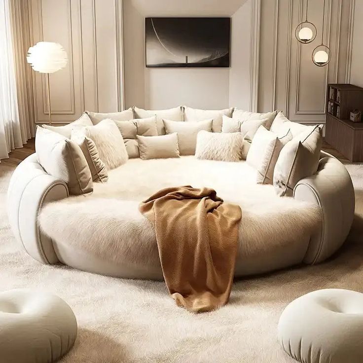 Round Dream Lounger Upholstered Movie Bed - Urban Ashram Home Round Couch, Wedding Bed, Round Bed, Home Cinema Room, Bed Double, Bed Modern, Round Beds, Double Wedding, Inspire Me Home Decor