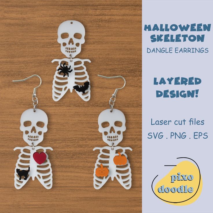 three skeleton earrings with halloween decorations hanging from them on a wooden table next to an advert