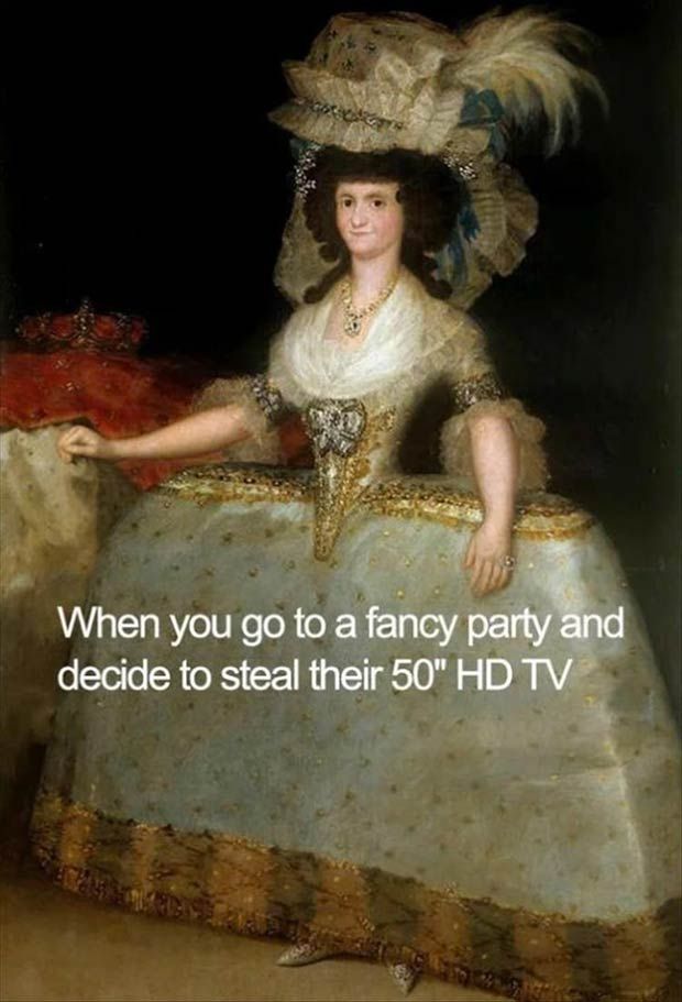 a woman sitting on top of a bed wearing a dress and hat with the caption, when you go to a fancy party and decide to steal their 50's tv