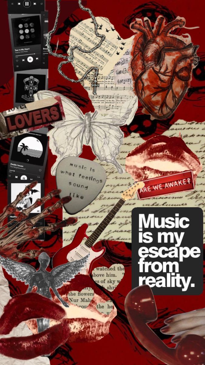 a collage of music related items with words written on them and an image of a heart