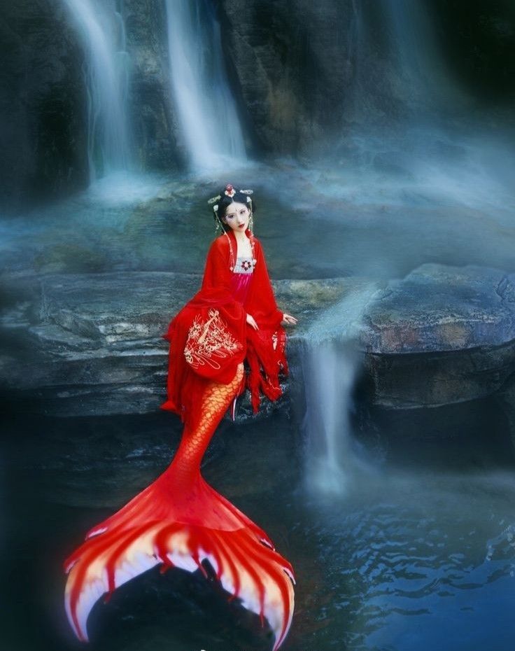 a woman in a red dress sitting on top of a rock next to a waterfall