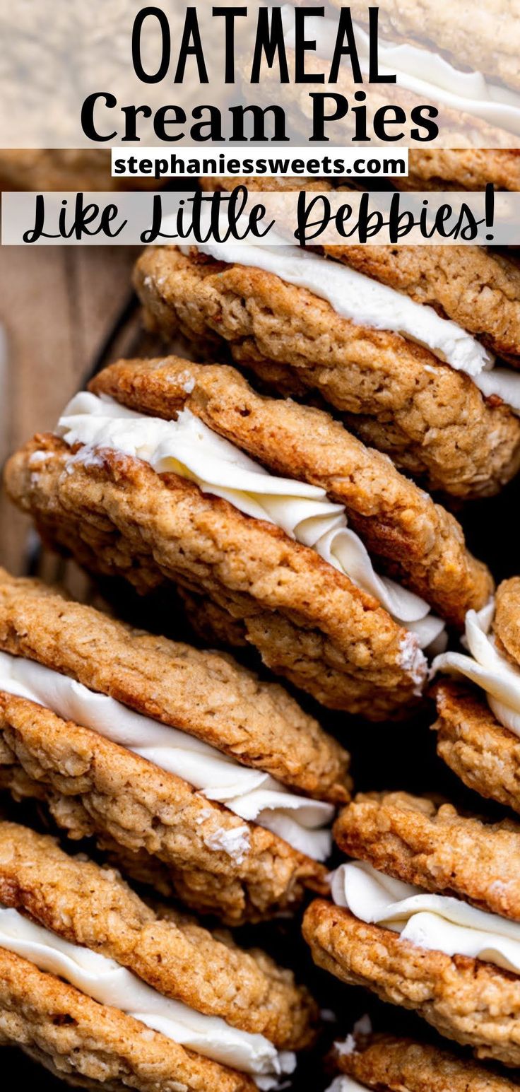 oatmeal cream pies stacked on top of each other with white icing