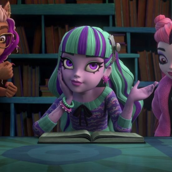 three cartoon characters sitting at a table with an open book in front of bookshelves