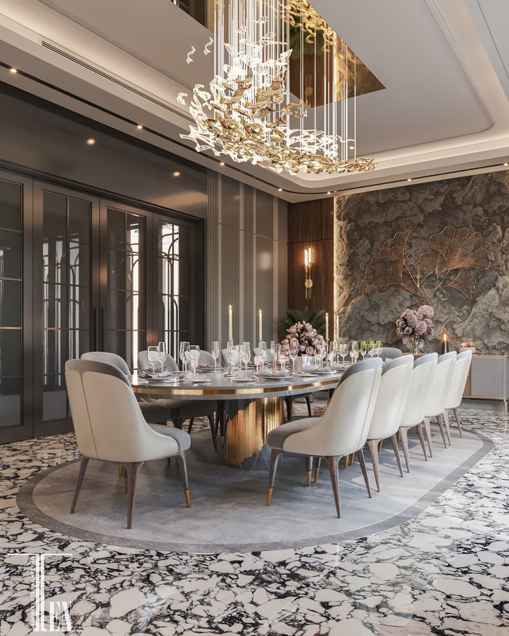 an elegant dining room with chandelier and marble table surrounded by white upholstered chairs