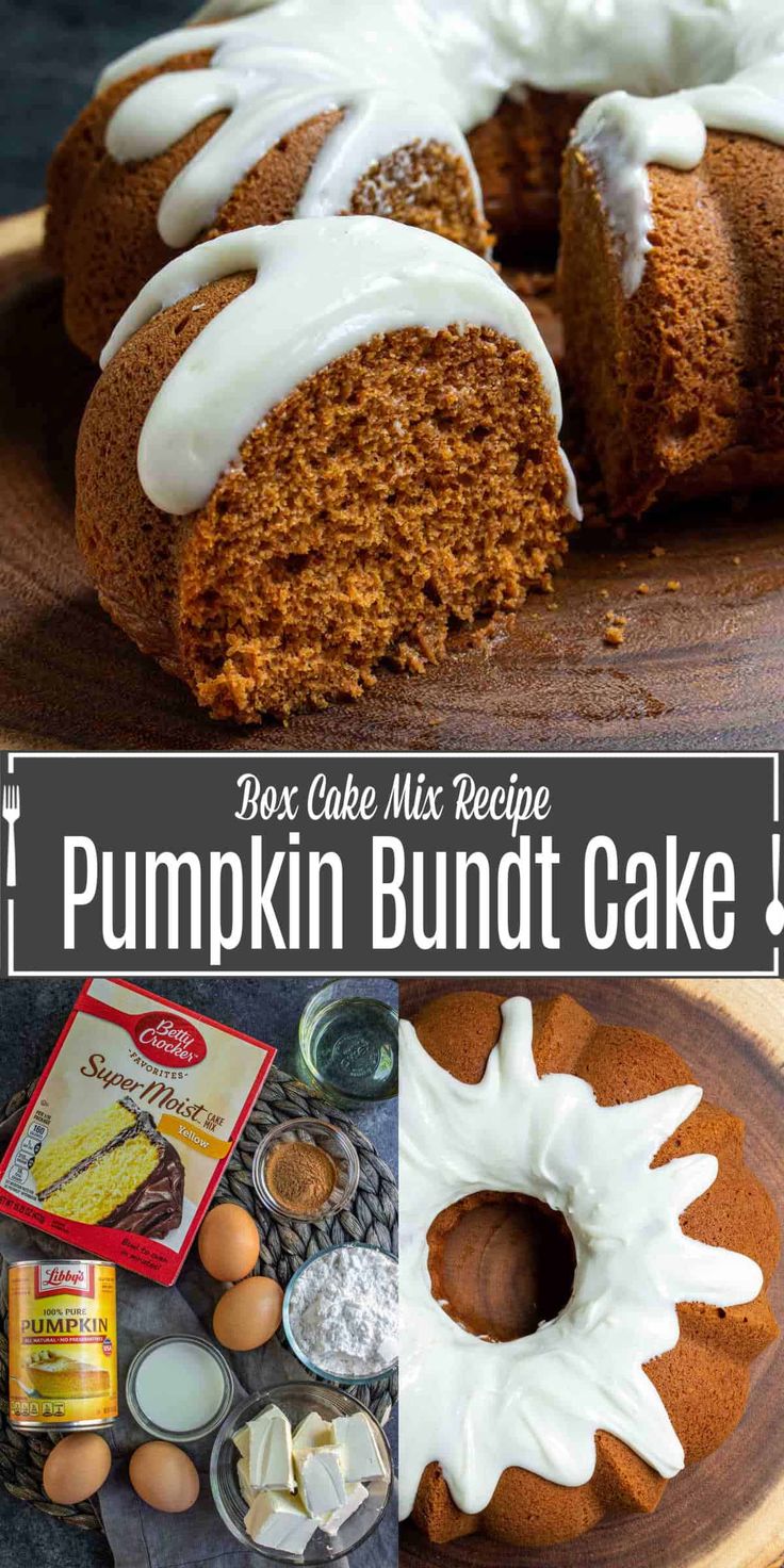 pumpkin bundt cake with white icing on a wooden platter next to it