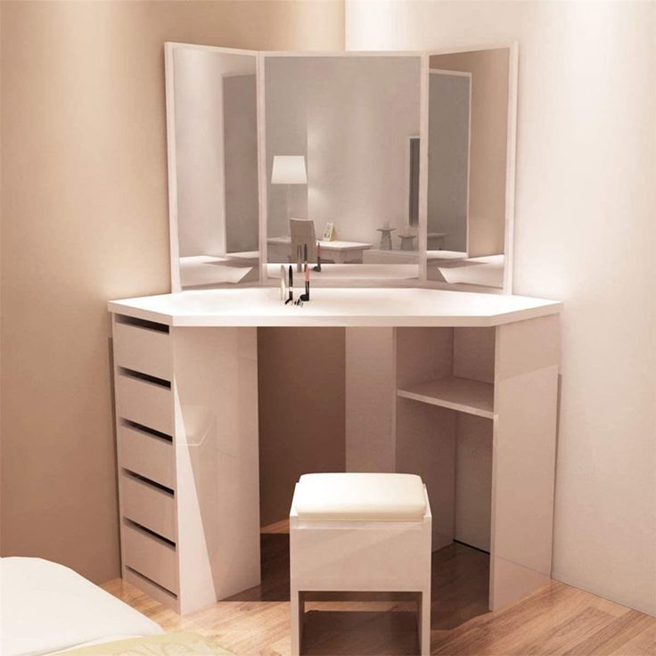 a white dressing table and stool in a room